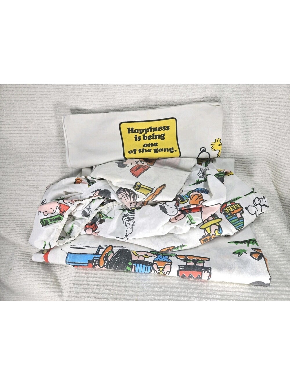 Vintage 70s Peanuts Sheet Set Perma Prest Tastemaker Mohawk 3 Piece Fitted Flat